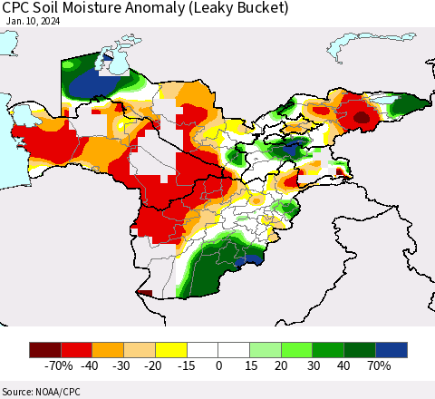 Central Asia CPC Soil Moisture Anomaly (Leaky Bucket) Thematic Map For 1/6/2024 - 1/10/2024