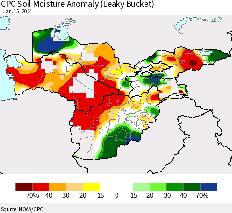 Central Asia CPC Soil Moisture Anomaly (Leaky Bucket) Thematic Map For 1/11/2024 - 1/15/2024