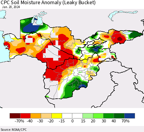 Central Asia CPC Soil Moisture Anomaly (Leaky Bucket) Thematic Map For 1/16/2024 - 1/20/2024