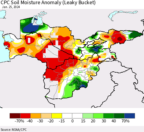 Central Asia CPC Soil Moisture Anomaly (Leaky Bucket) Thematic Map For 1/21/2024 - 1/25/2024