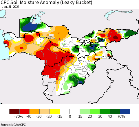 Central Asia CPC Soil Moisture Anomaly (Leaky Bucket) Thematic Map For 1/26/2024 - 1/31/2024