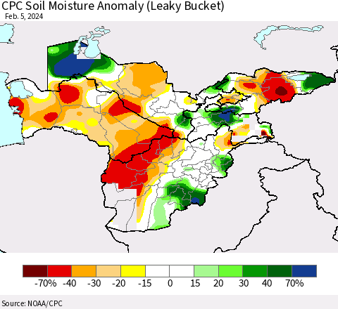Central Asia CPC Soil Moisture Anomaly (Leaky Bucket) Thematic Map For 2/1/2024 - 2/5/2024