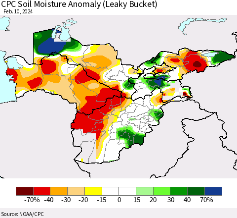 Central Asia CPC Soil Moisture Anomaly (Leaky Bucket) Thematic Map For 2/6/2024 - 2/10/2024