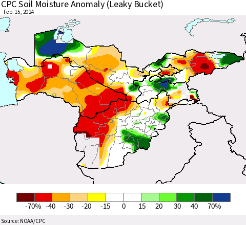 Central Asia CPC Soil Moisture Anomaly (Leaky Bucket) Thematic Map For 2/11/2024 - 2/15/2024