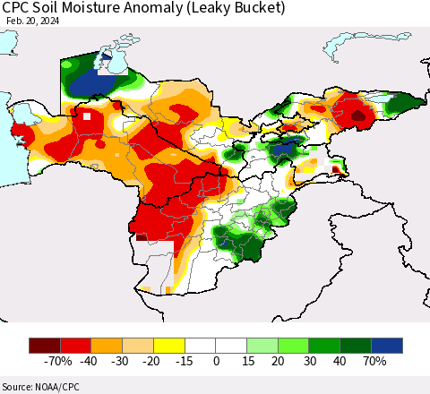 Central Asia CPC Soil Moisture Anomaly (Leaky Bucket) Thematic Map For 2/16/2024 - 2/20/2024