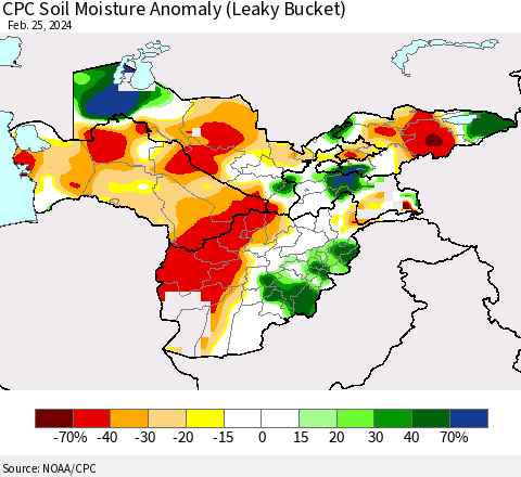 Central Asia CPC Soil Moisture Anomaly (Leaky Bucket) Thematic Map For 2/21/2024 - 2/25/2024