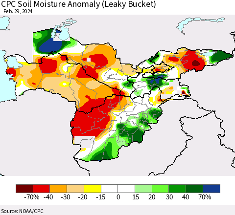 Central Asia CPC Soil Moisture Anomaly (Leaky Bucket) Thematic Map For 2/26/2024 - 2/29/2024
