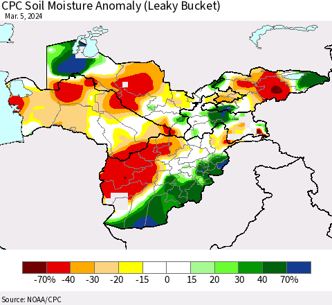 Central Asia CPC Soil Moisture Anomaly (Leaky Bucket) Thematic Map For 3/1/2024 - 3/5/2024