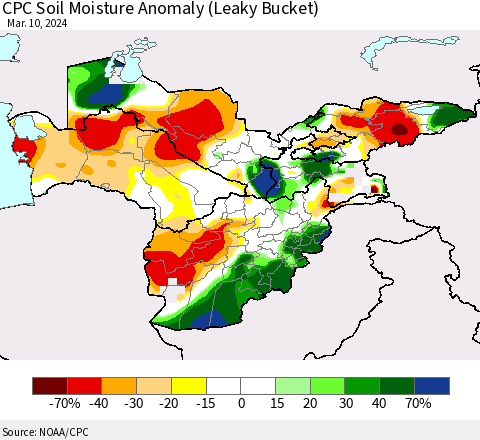 Central Asia CPC Soil Moisture Anomaly (Leaky Bucket) Thematic Map For 3/6/2024 - 3/10/2024