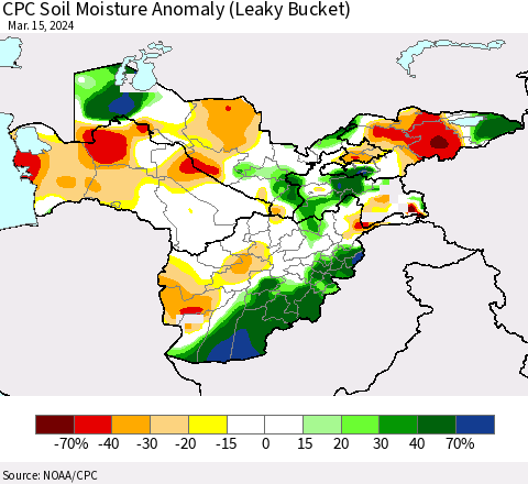 Central Asia CPC Soil Moisture Anomaly (Leaky Bucket) Thematic Map For 3/11/2024 - 3/15/2024