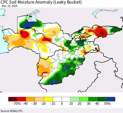 Central Asia CPC Soil Moisture Anomaly (Leaky Bucket) Thematic Map For 3/21/2024 - 3/25/2024
