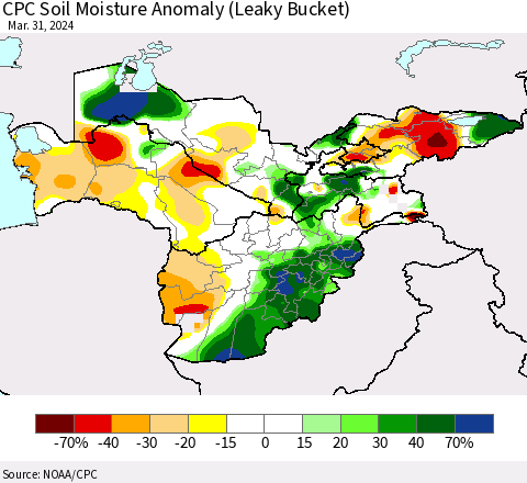 Central Asia CPC Soil Moisture Anomaly (Leaky Bucket) Thematic Map For 3/26/2024 - 3/31/2024