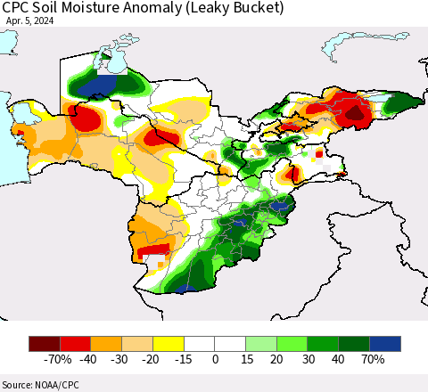 Central Asia CPC Soil Moisture Anomaly (Leaky Bucket) Thematic Map For 4/1/2024 - 4/5/2024