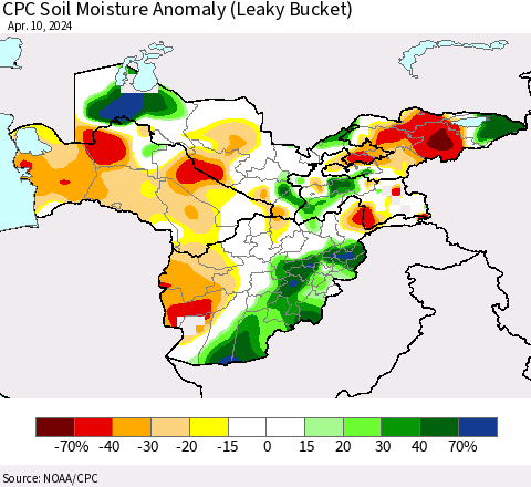 Central Asia CPC Soil Moisture Anomaly (Leaky Bucket) Thematic Map For 4/6/2024 - 4/10/2024