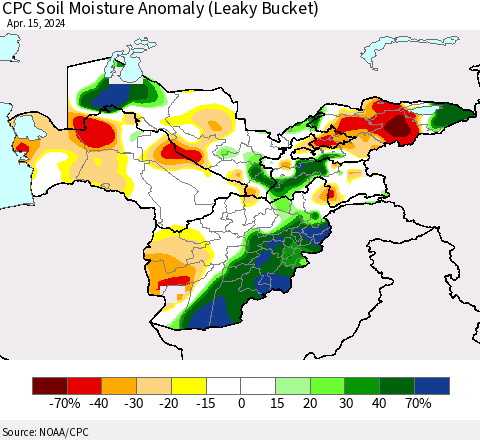 Central Asia CPC Soil Moisture Anomaly (Leaky Bucket) Thematic Map For 4/11/2024 - 4/15/2024