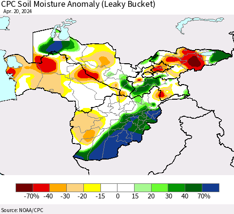 Central Asia CPC Soil Moisture Anomaly (Leaky Bucket) Thematic Map For 4/16/2024 - 4/20/2024