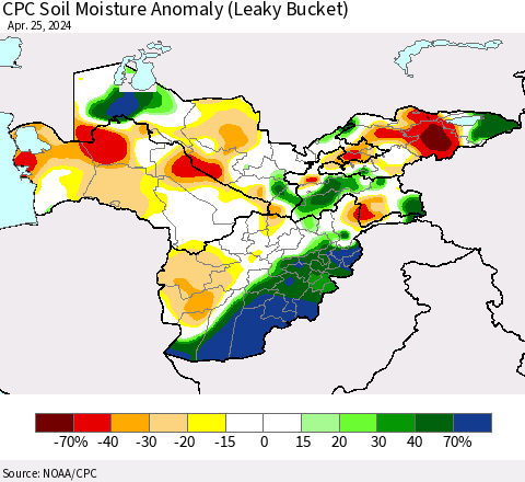Central Asia CPC Soil Moisture Anomaly (Leaky Bucket) Thematic Map For 4/21/2024 - 4/25/2024
