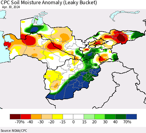 Central Asia CPC Soil Moisture Anomaly (Leaky Bucket) Thematic Map For 4/26/2024 - 4/30/2024