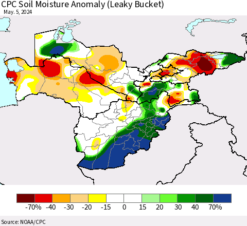 Central Asia CPC Soil Moisture Anomaly (Leaky Bucket) Thematic Map For 5/1/2024 - 5/5/2024