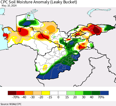 Central Asia CPC Soil Moisture Anomaly (Leaky Bucket) Thematic Map For 5/6/2024 - 5/10/2024