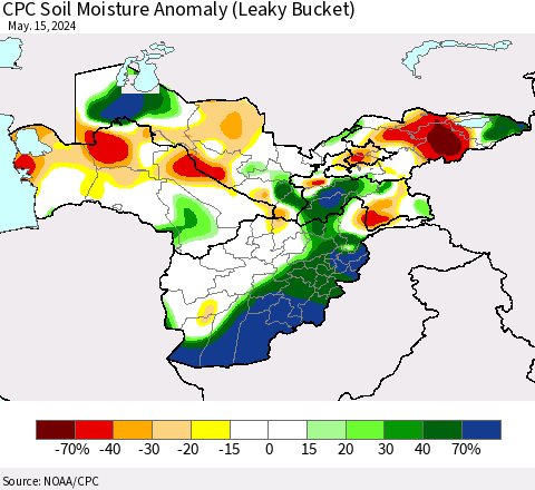 Central Asia CPC Soil Moisture Anomaly (Leaky Bucket) Thematic Map For 5/11/2024 - 5/15/2024