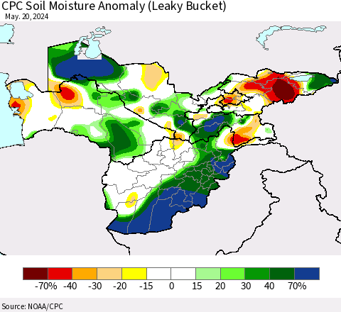 Central Asia CPC Soil Moisture Anomaly (Leaky Bucket) Thematic Map For 5/16/2024 - 5/20/2024