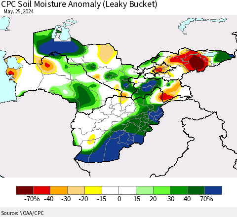 Central Asia CPC Soil Moisture Anomaly (Leaky Bucket) Thematic Map For 5/21/2024 - 5/25/2024