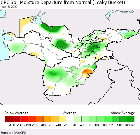 Central Asia CPC Soil Moisture Departure from Normal (Leaky Bucket) Thematic Map For 4/1/2021 - 4/5/2021