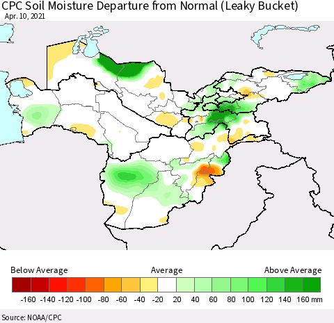 Central Asia CPC Soil Moisture Departure from Normal (Leaky Bucket) Thematic Map For 4/6/2021 - 4/10/2021
