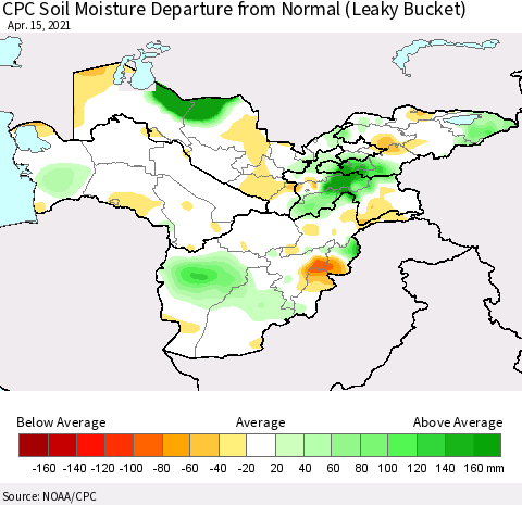 Central Asia CPC Soil Moisture Departure from Normal (Leaky Bucket) Thematic Map For 4/11/2021 - 4/15/2021