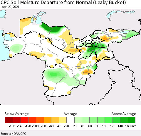 Central Asia CPC Soil Moisture Departure from Normal (Leaky Bucket) Thematic Map For 4/16/2021 - 4/20/2021