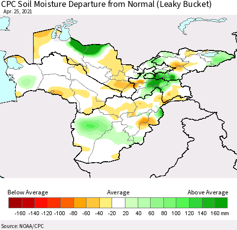 Central Asia CPC Soil Moisture Departure from Normal (Leaky Bucket) Thematic Map For 4/21/2021 - 4/25/2021
