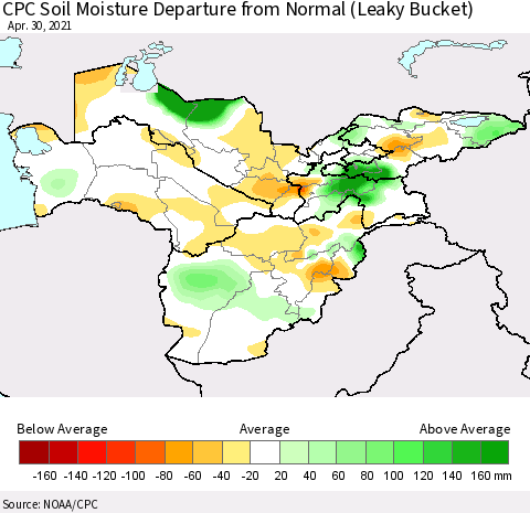 Central Asia CPC Soil Moisture Departure from Normal (Leaky Bucket) Thematic Map For 4/26/2021 - 4/30/2021