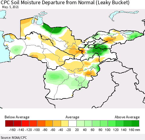 Central Asia CPC Soil Moisture Departure from Normal (Leaky Bucket) Thematic Map For 5/1/2021 - 5/5/2021