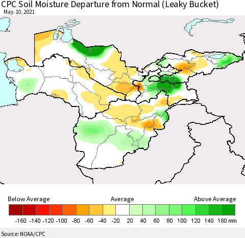 Central Asia CPC Soil Moisture Departure from Normal (Leaky Bucket) Thematic Map For 5/6/2021 - 5/10/2021