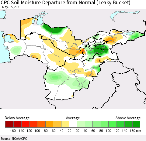 Central Asia CPC Soil Moisture Departure from Normal (Leaky Bucket) Thematic Map For 5/11/2021 - 5/15/2021