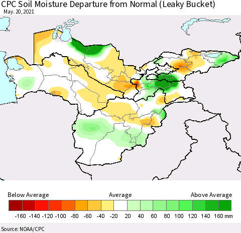 Central Asia CPC Soil Moisture Departure from Normal (Leaky Bucket) Thematic Map For 5/16/2021 - 5/20/2021
