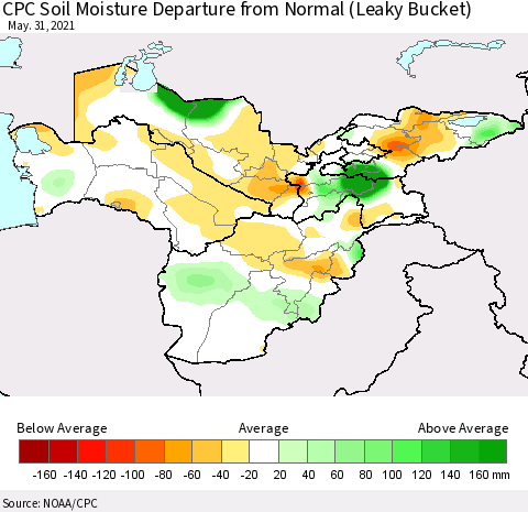 Central Asia CPC Soil Moisture Departure from Normal (Leaky Bucket) Thematic Map For 5/26/2021 - 5/31/2021