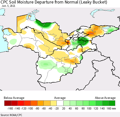 Central Asia CPC Soil Moisture Departure from Normal (Leaky Bucket) Thematic Map For 6/1/2021 - 6/5/2021