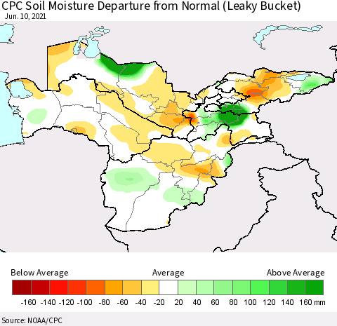 Central Asia CPC Soil Moisture Departure from Normal (Leaky Bucket) Thematic Map For 6/6/2021 - 6/10/2021