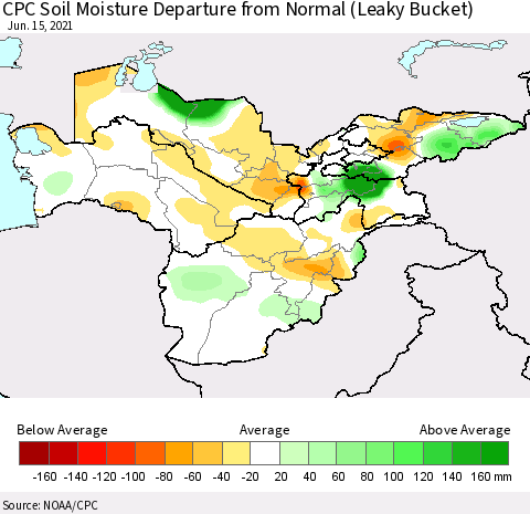 Central Asia CPC Soil Moisture Departure from Normal (Leaky Bucket) Thematic Map For 6/11/2021 - 6/15/2021