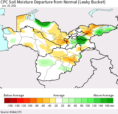 Central Asia CPC Soil Moisture Departure from Normal (Leaky Bucket) Thematic Map For 6/16/2021 - 6/20/2021