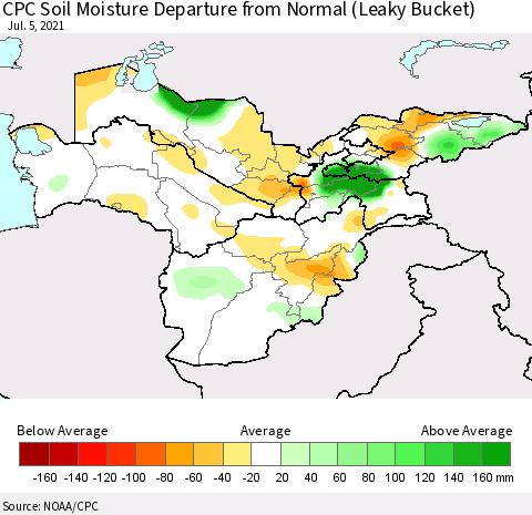Central Asia CPC Soil Moisture Departure from Normal (Leaky Bucket) Thematic Map For 7/1/2021 - 7/5/2021