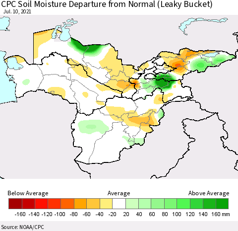 Central Asia CPC Soil Moisture Departure from Normal (Leaky Bucket) Thematic Map For 7/6/2021 - 7/10/2021
