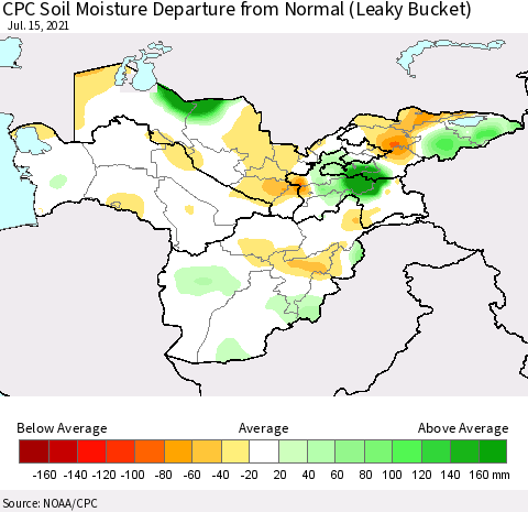 Central Asia CPC Soil Moisture Departure from Normal (Leaky Bucket) Thematic Map For 7/11/2021 - 7/15/2021