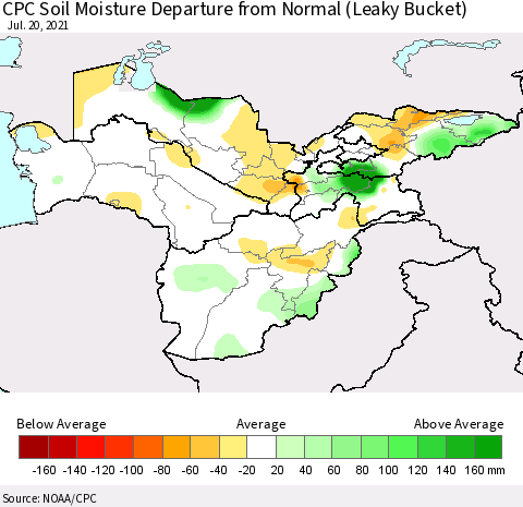 Central Asia CPC Soil Moisture Departure from Normal (Leaky Bucket) Thematic Map For 7/16/2021 - 7/20/2021