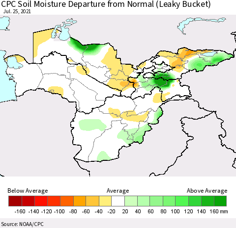 Central Asia CPC Soil Moisture Departure from Normal (Leaky Bucket) Thematic Map For 7/21/2021 - 7/25/2021