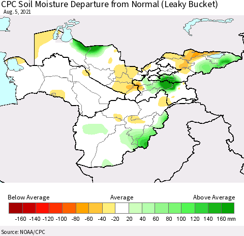 Central Asia CPC Soil Moisture Departure from Normal (Leaky Bucket) Thematic Map For 8/1/2021 - 8/5/2021