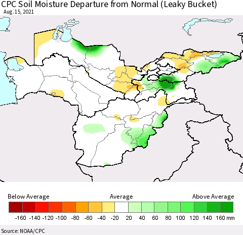 Central Asia CPC Soil Moisture Departure from Normal (Leaky Bucket) Thematic Map For 8/11/2021 - 8/15/2021