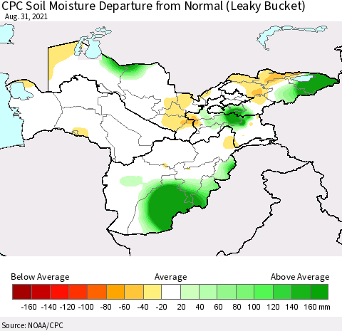 Central Asia CPC Soil Moisture Departure from Normal (Leaky Bucket) Thematic Map For 8/26/2021 - 8/31/2021